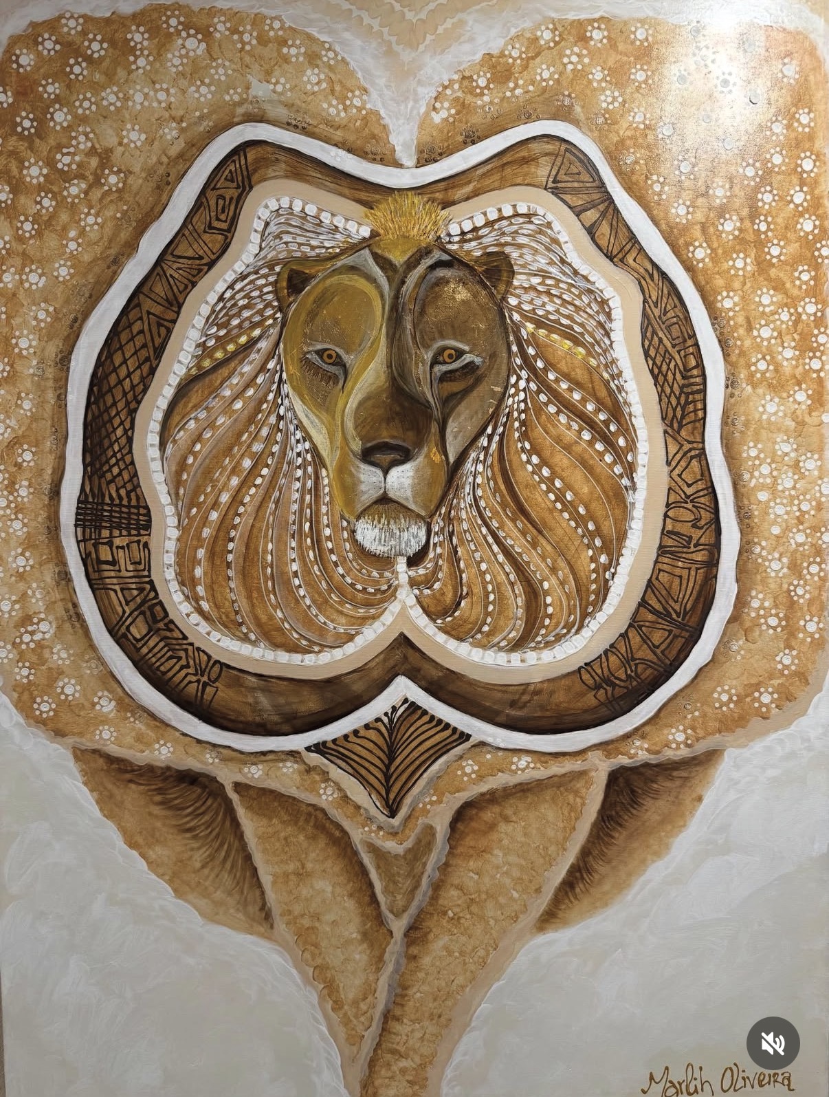 A lion's face is depicted within a detailed, symmetrical design resembling a flower or mandala, with warm earthy tones.
