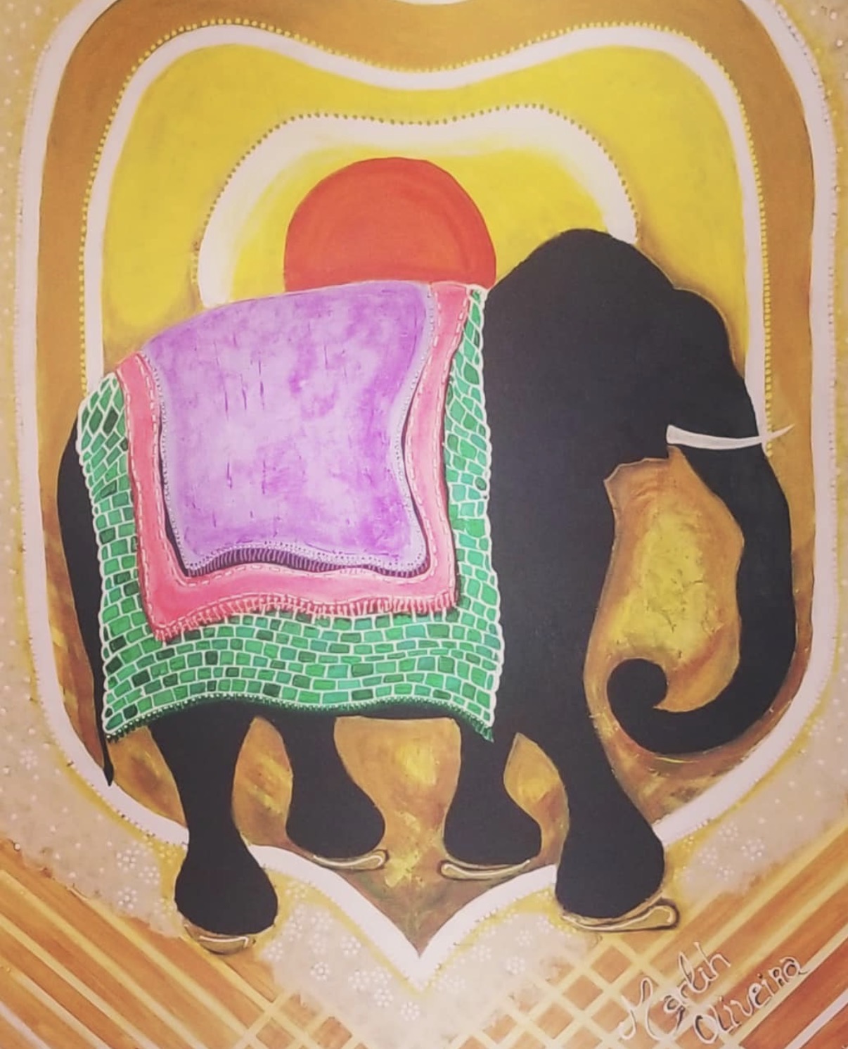 Elephant with a pink and purple blanket on its back, standing in front of a colorful rainbow background.