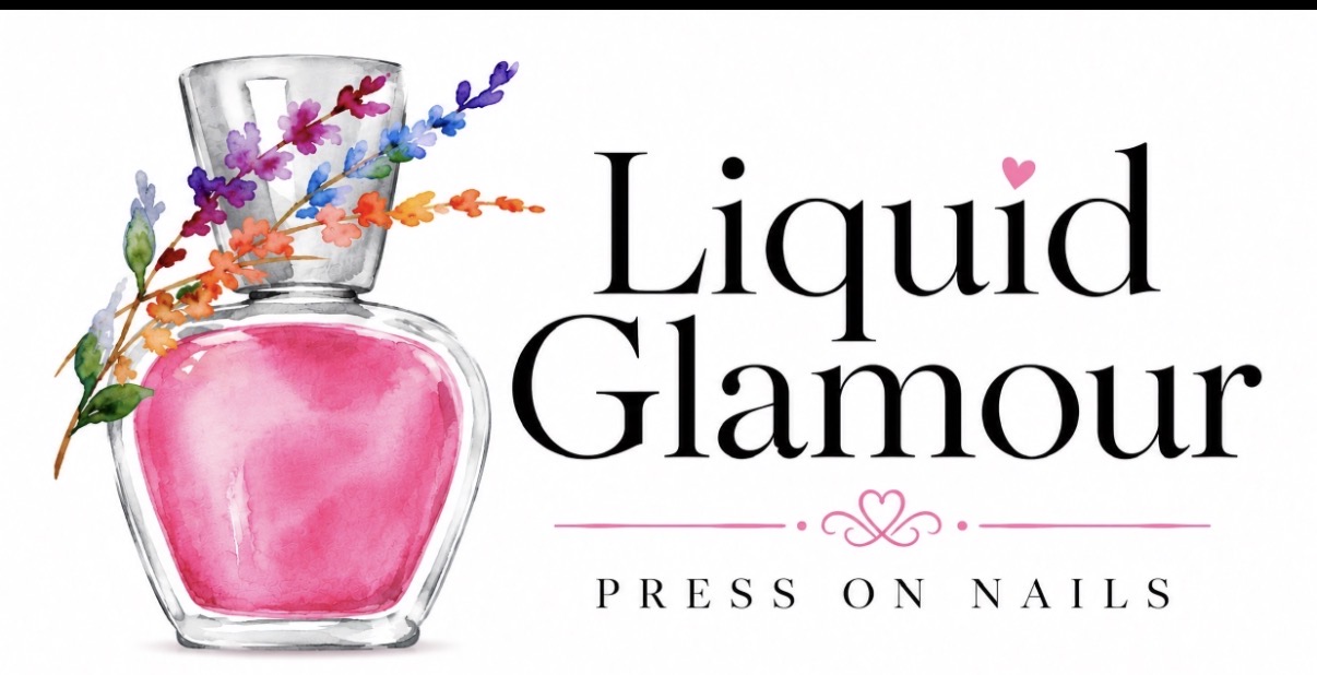 A pink nail polish bottle with colorful flowers, text reads 'Liquid Glamour' and 'Press on Nails'.