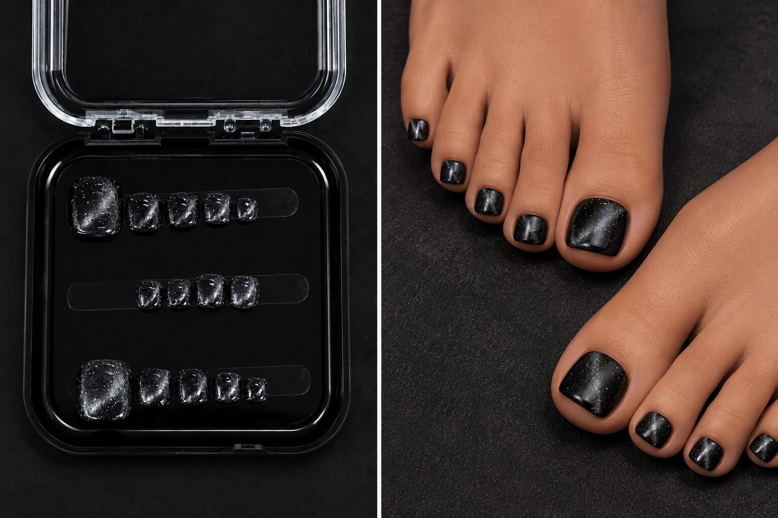 Black nail polish on toenails, with a nail art kit containing black and clear gel polish, on a black background.