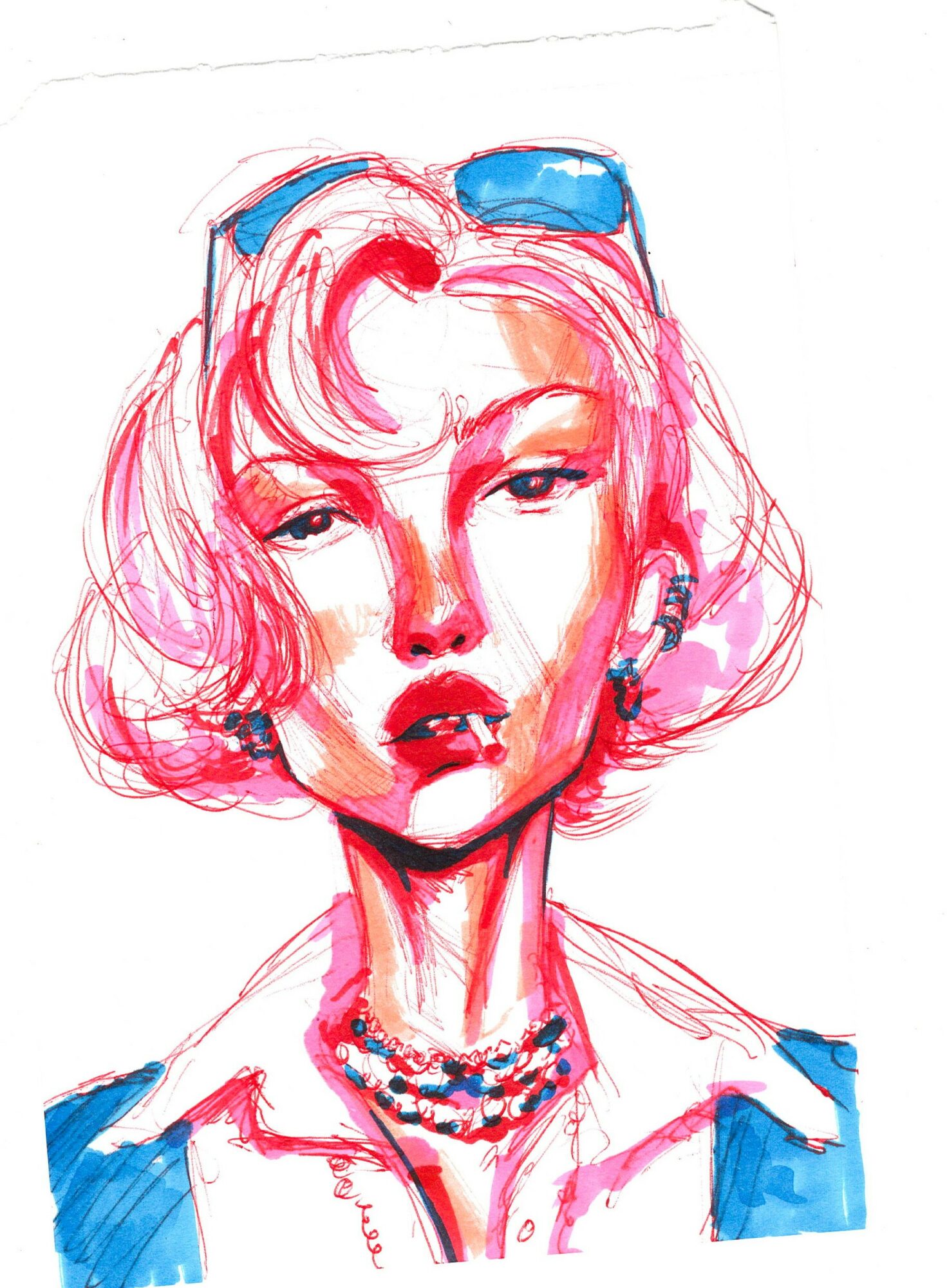Stylized portrait of a woman with wavy hair, wearing sunglasses on her head, a necklace, and a collared shirt.