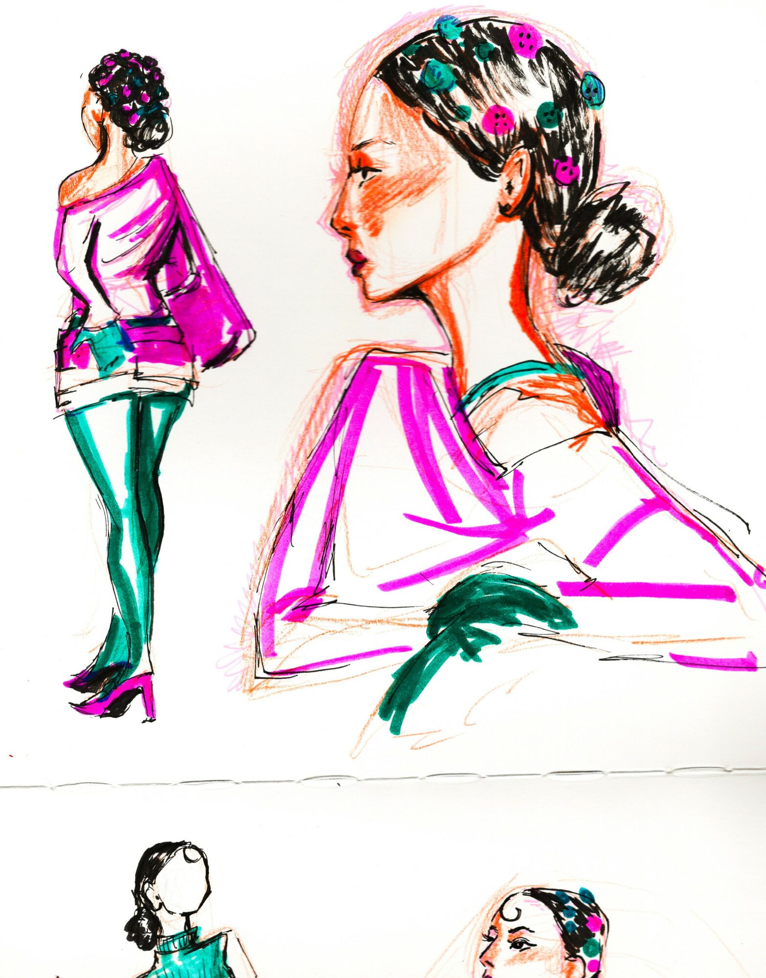 Two women with colorful hairstyles, one in profile and one with her back turned, wearing vibrant clothing and accessories.