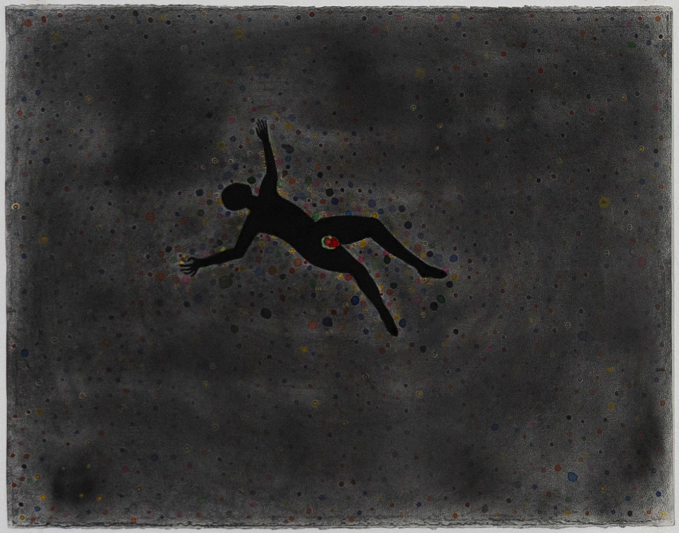 Silhouette of a person falling or floating against a dark, speckled background.