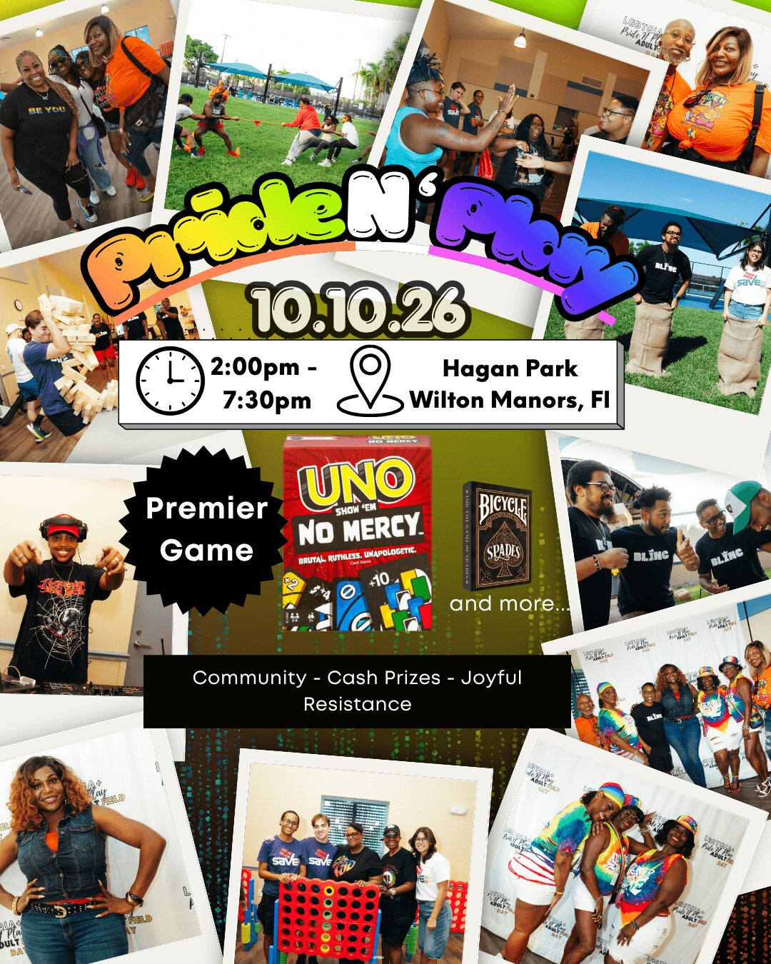 Collage of photos from community event with games, people, and activities at Hagan Park and Wilton Manors, Florida.