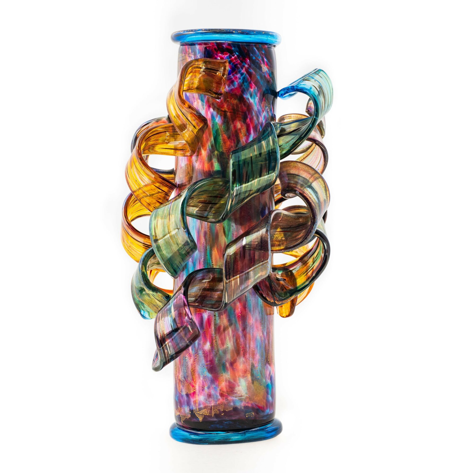 Colorful glass sculpture with twisted, ribbon-like elements on a tall, cylindrical base.