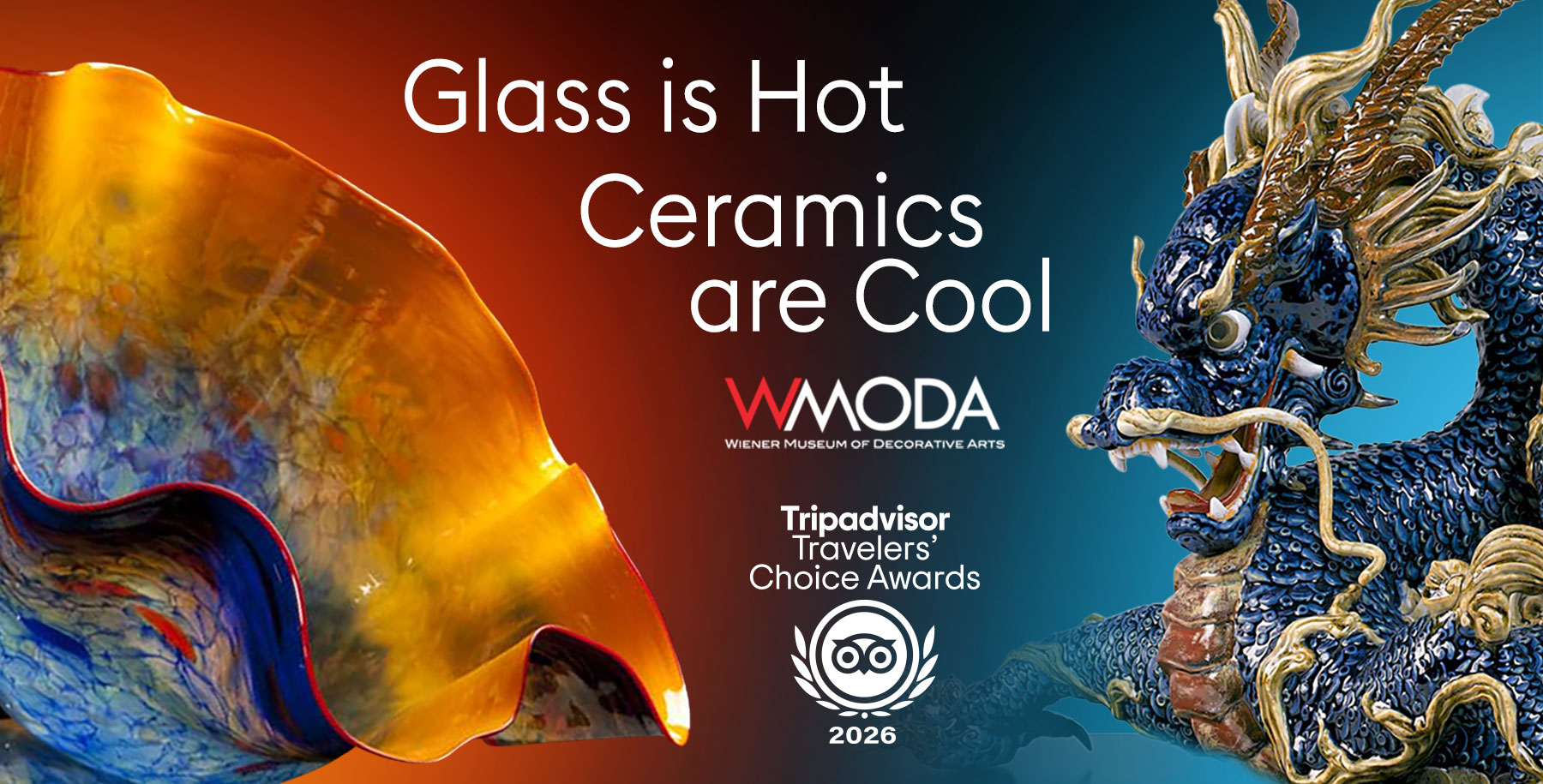 Advertisement with colorful glass art on the left and a dragon sculpture on the right, promoting ceramics and glass products.