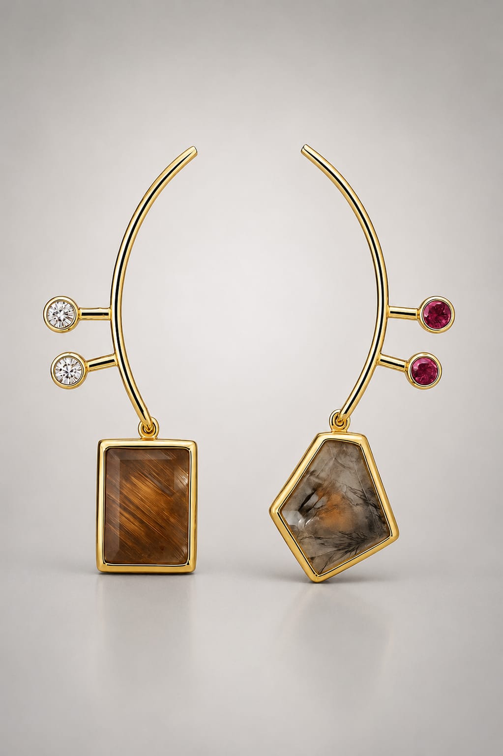Gold earrings with geometric shapes and colorful stones, one with square and the other with irregular shape, against a plain background.