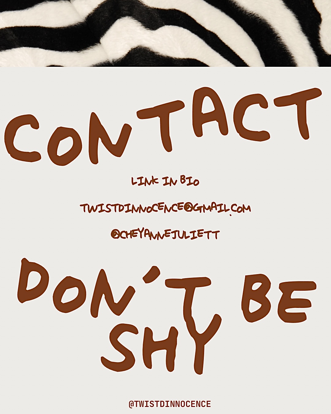 Contact and don't be shy written in large brown letters on a white background with a zebra pattern at the top.