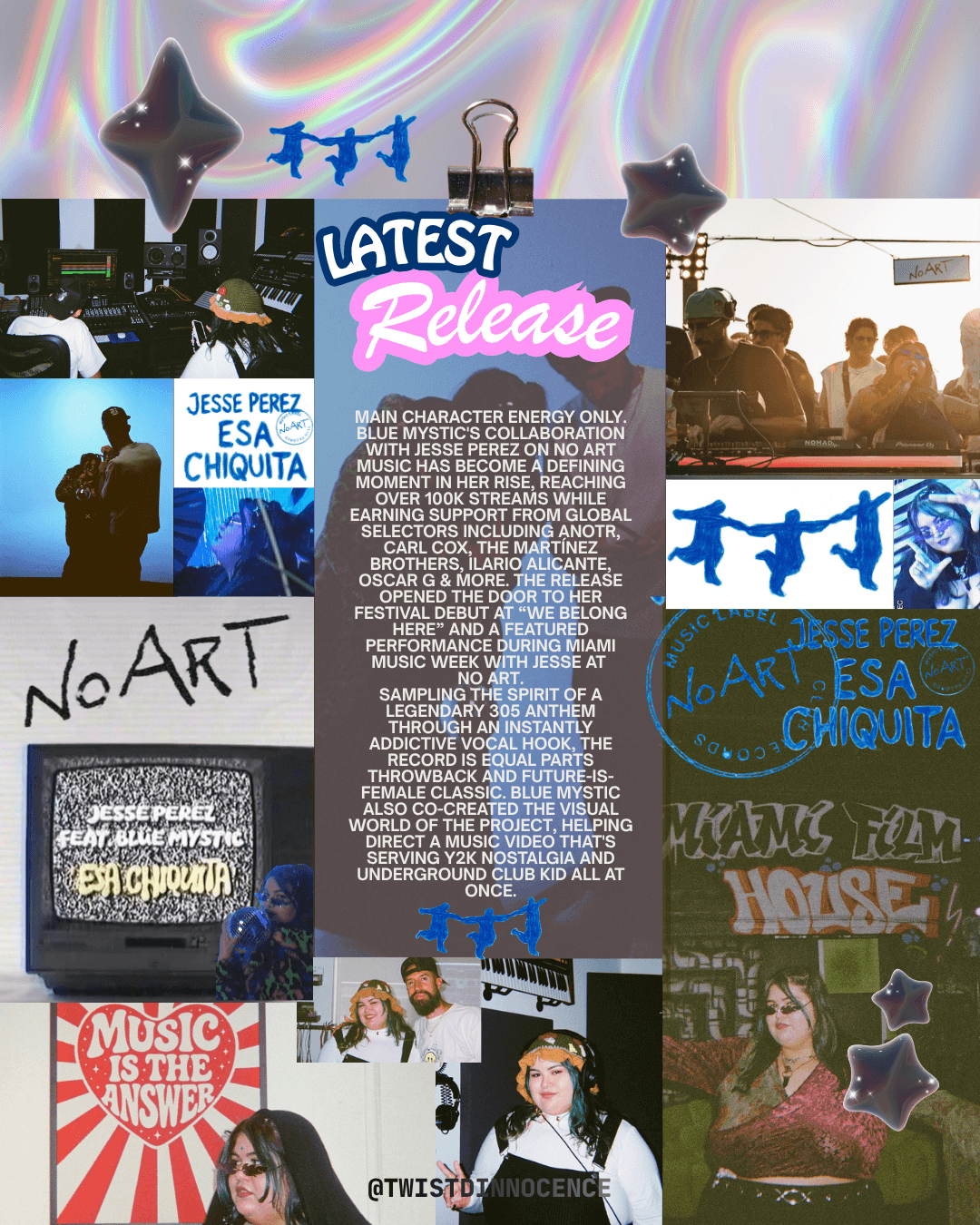 Collage of promotional images, text, and graphics for music and entertainment events, including a release announcement and group photos.