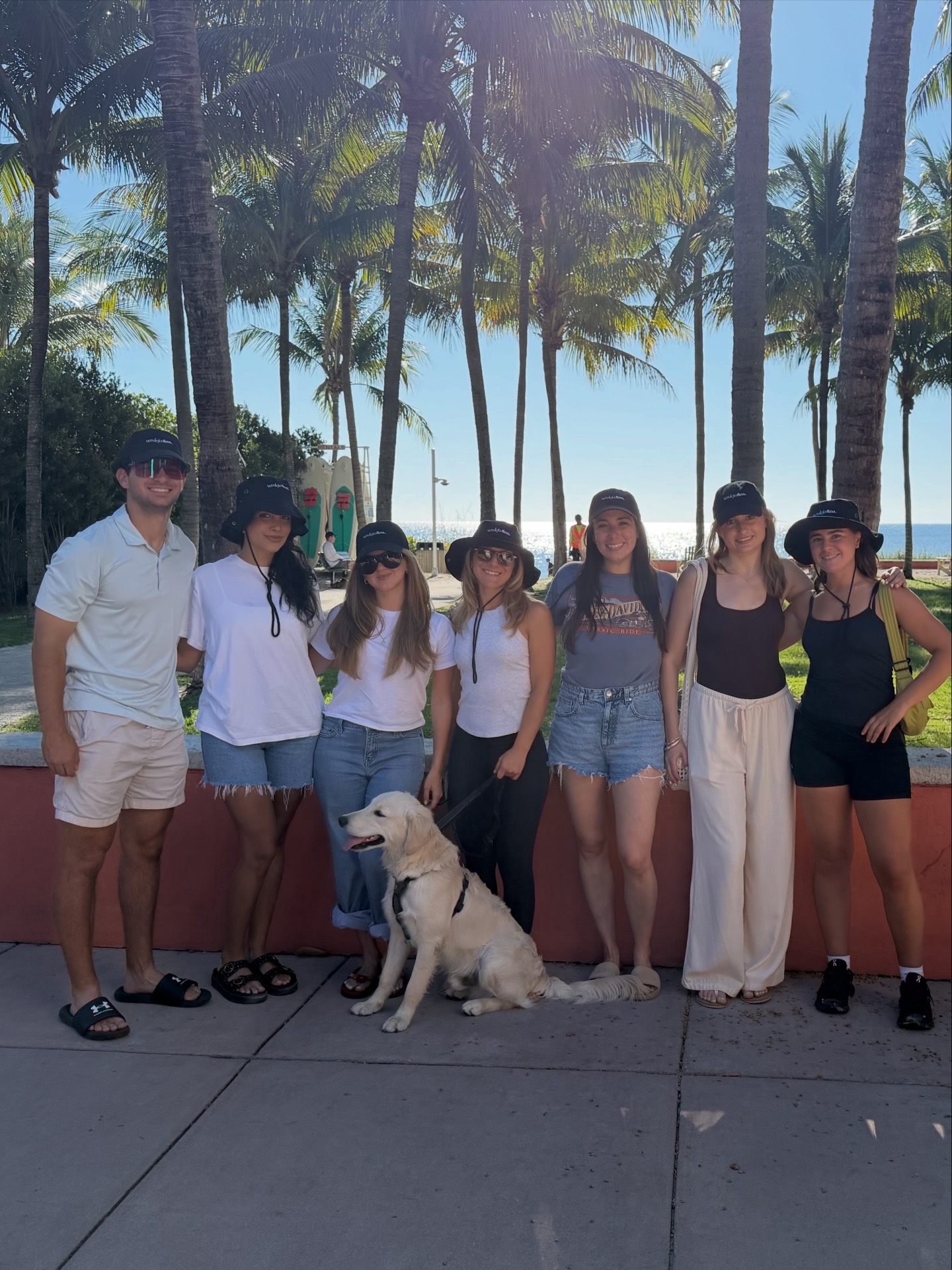 Group of six people and a dog standing outdoors with palm trees and blue sky in background.