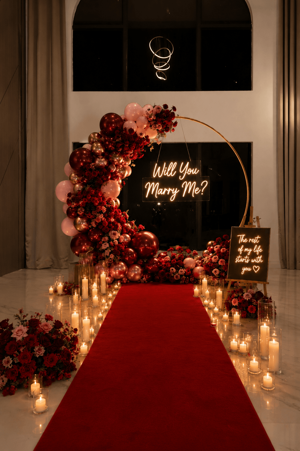 Decorative arch with flowers and candles, with a sign asking 