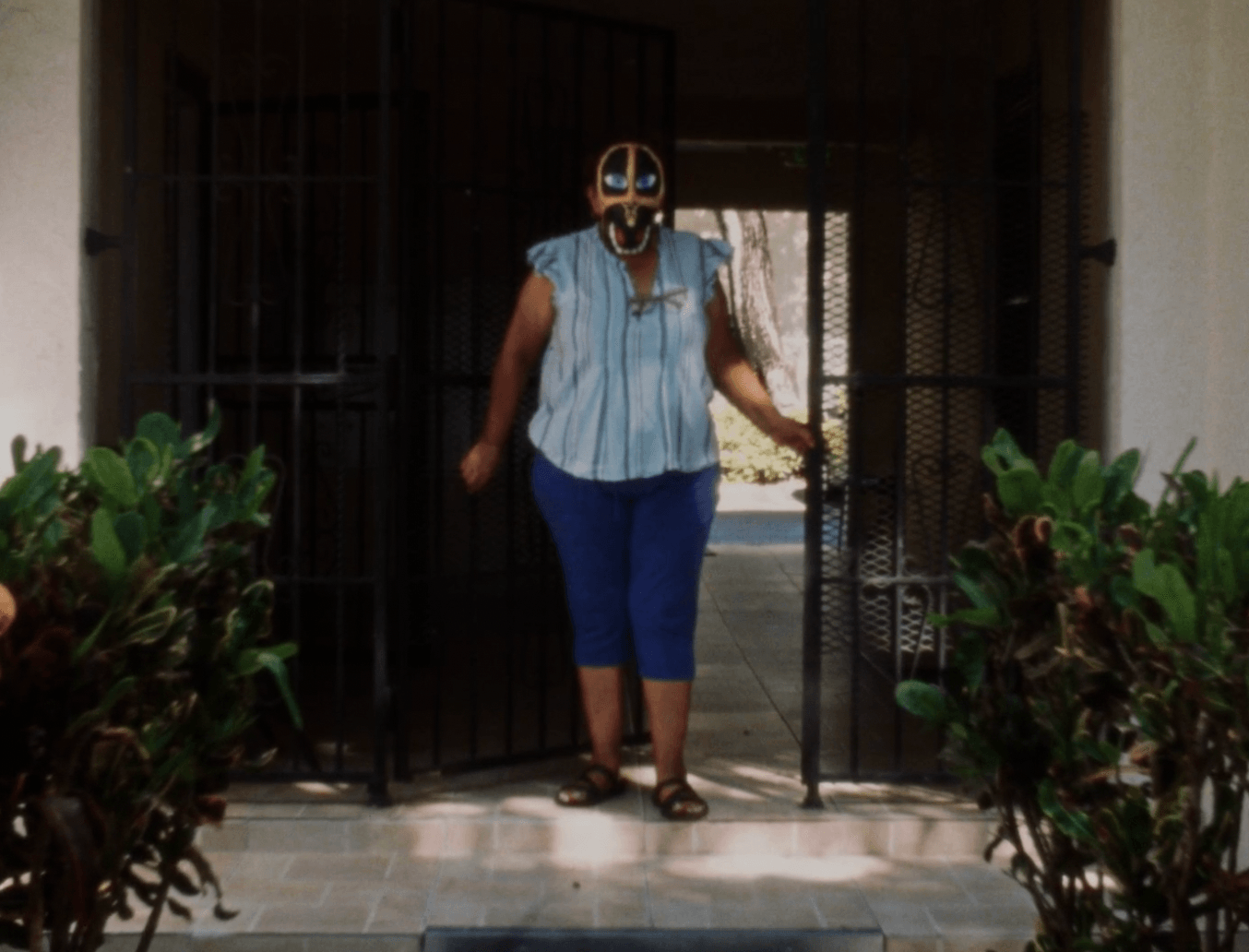 Person wearing a mask and striped shirt walking through a gate, flanked by bushes, in an outdoor setting.