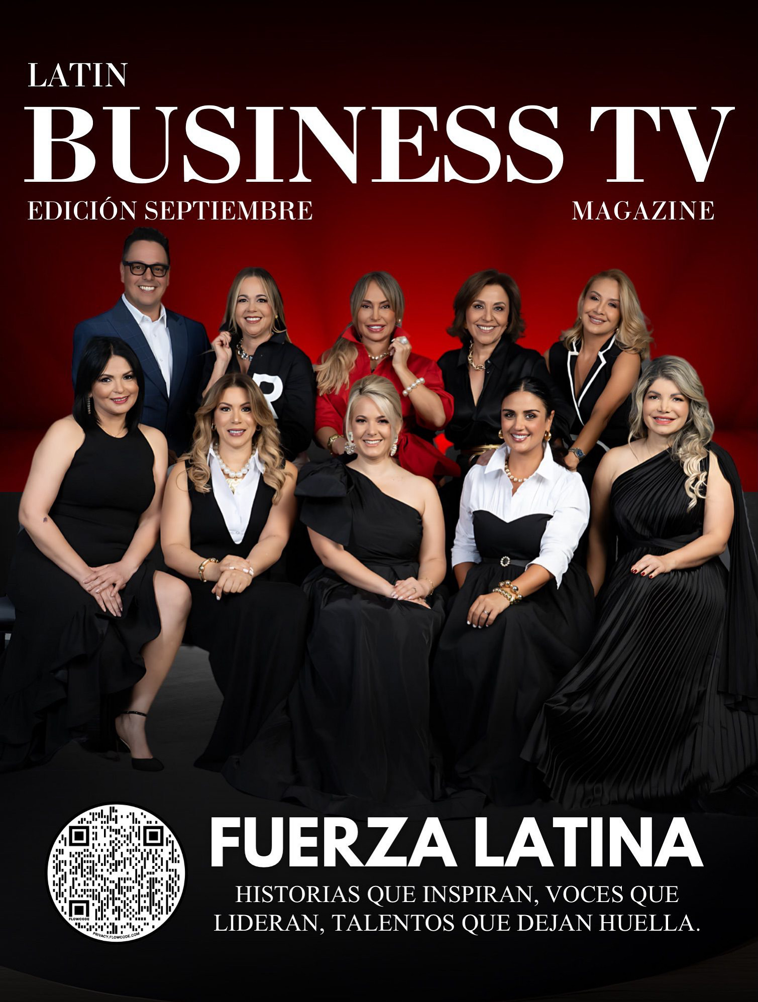 Group of ten women in formal attire posing for a magazine cover, with text about Latin business women.