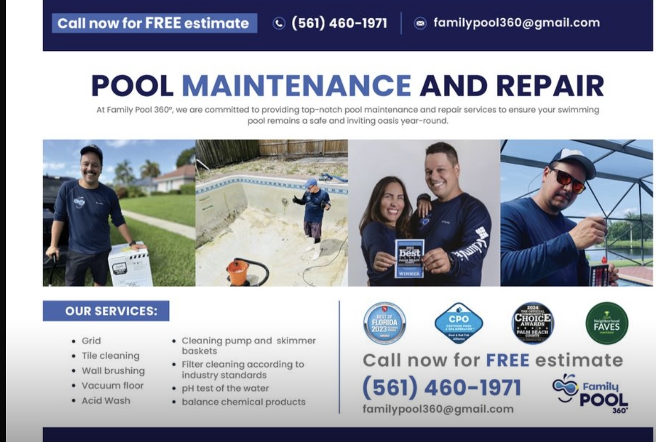Advertisement for pool maintenance and repair services with images of people working on pools and contact information.