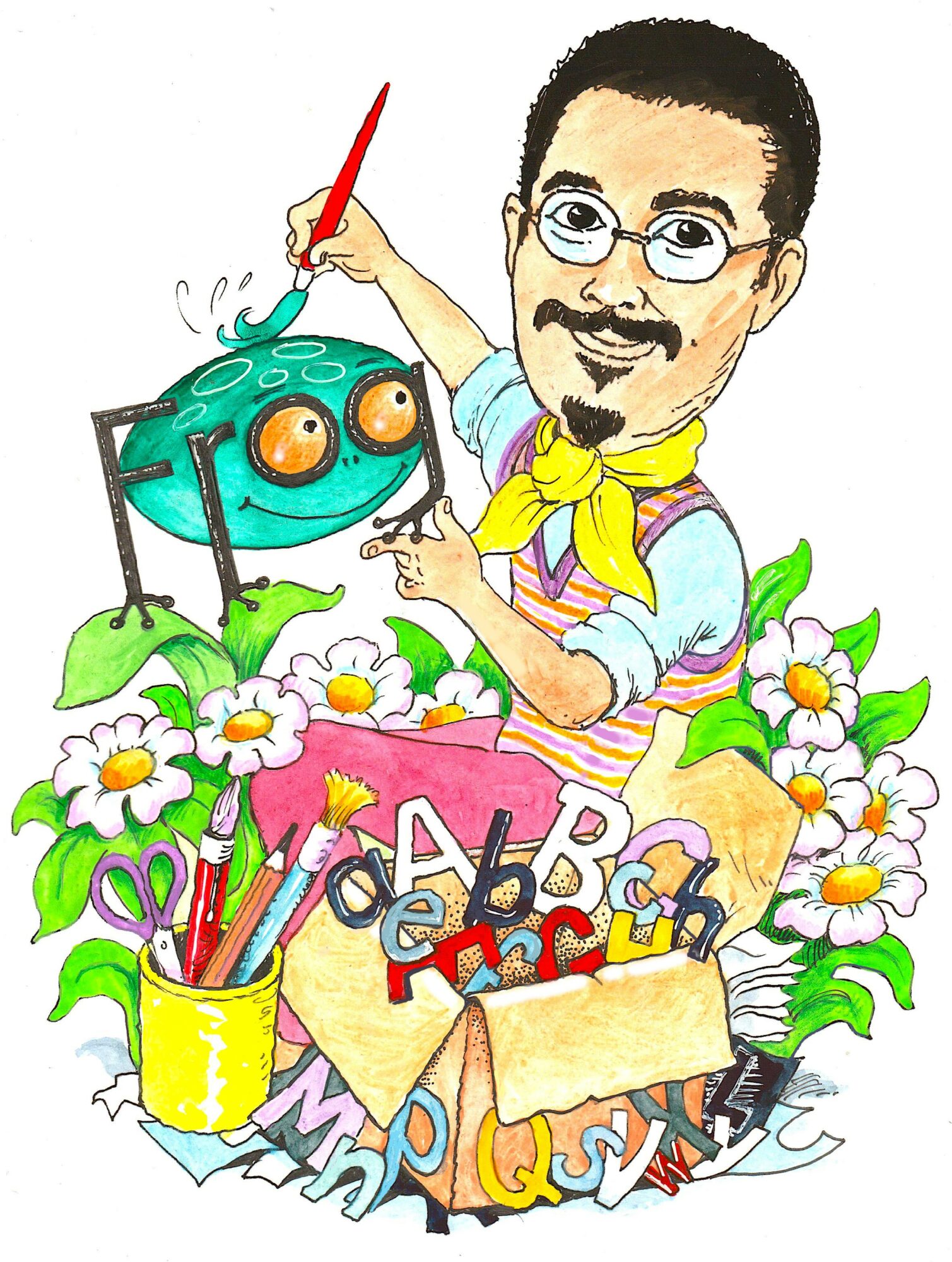 A man with glasses and a yellow scarf paints a cartoon fish surrounded by flowers, books, and art supplies.