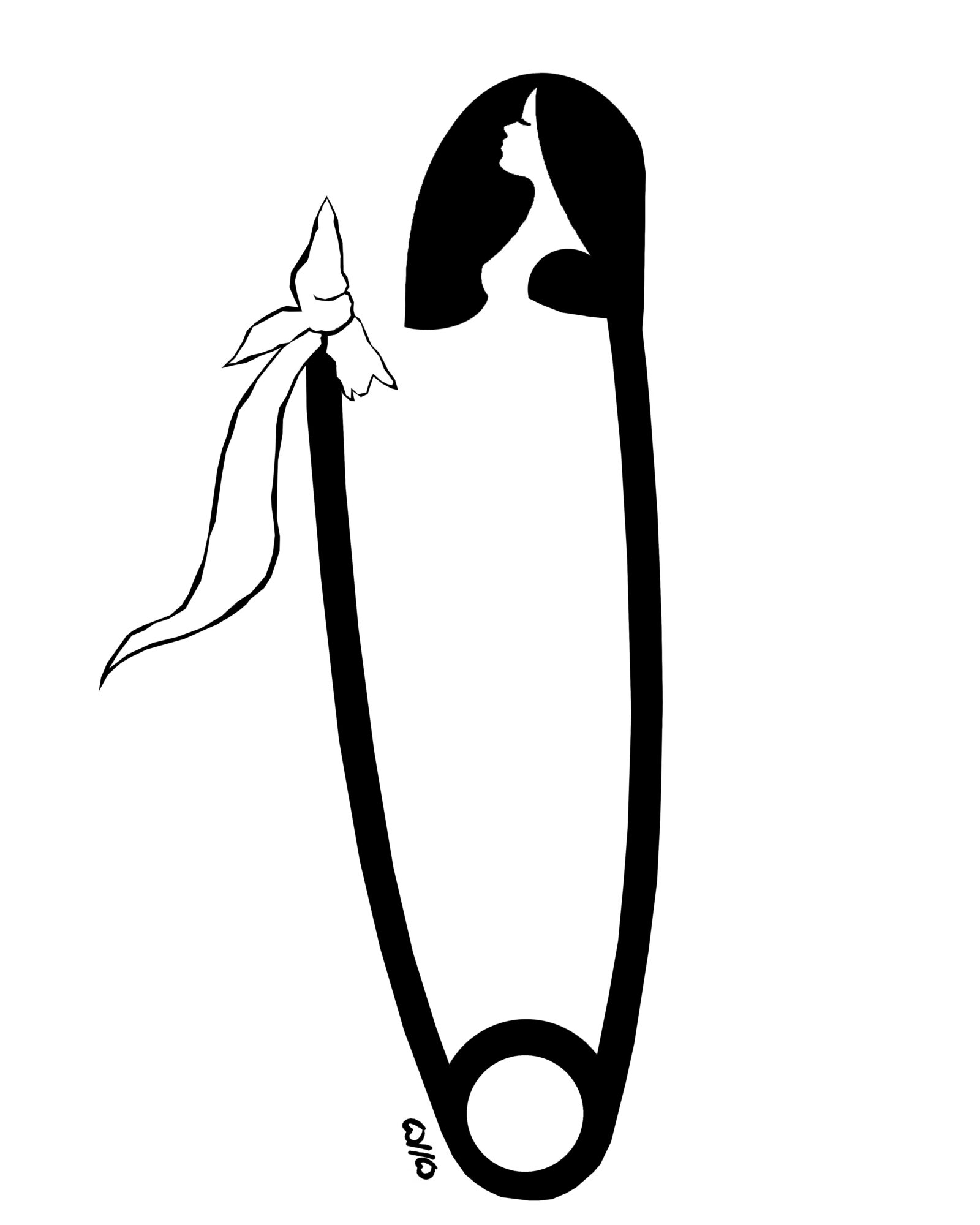 Black safety pin with a ribbon tied to its side, on a white background.