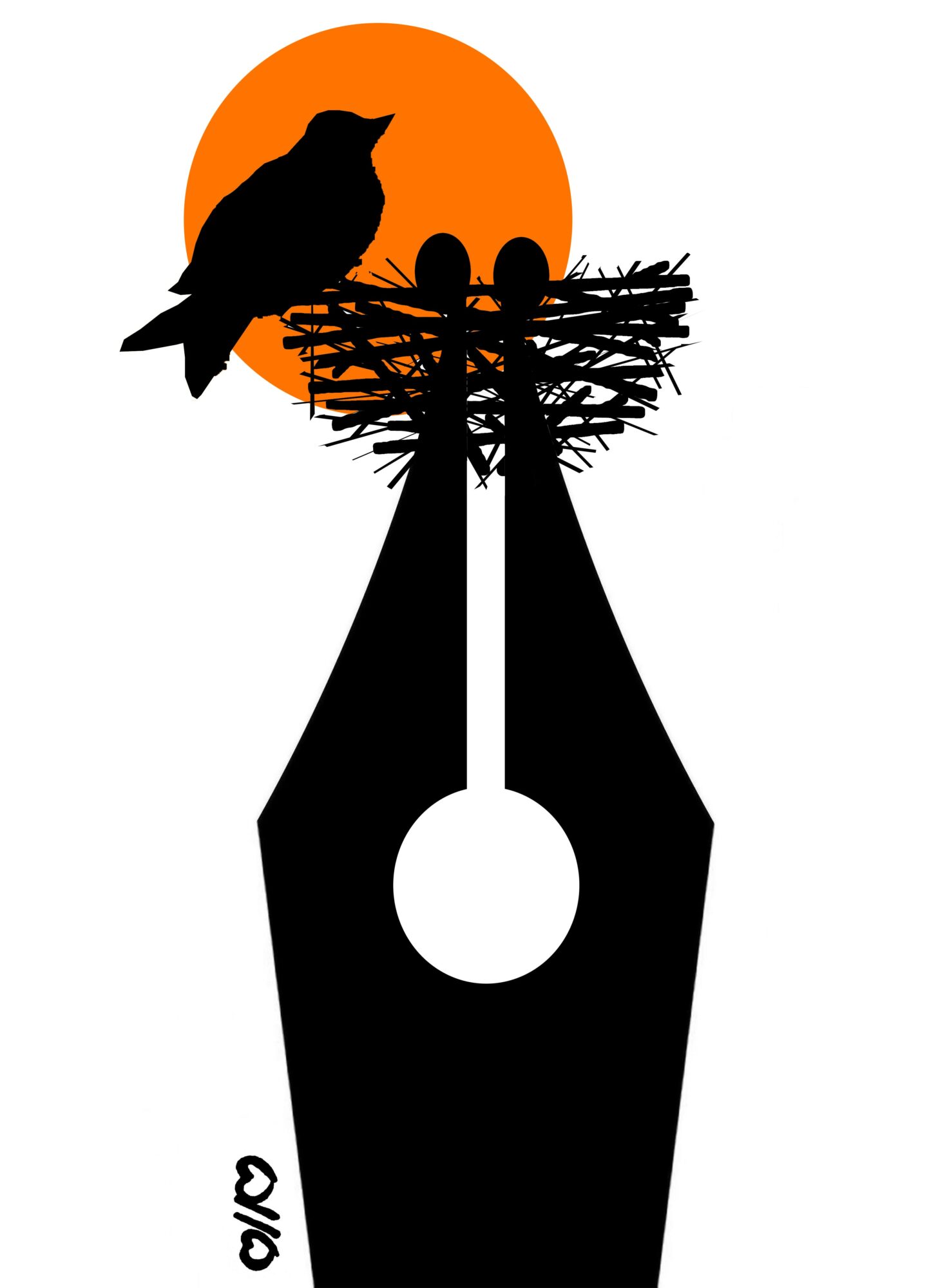 Silhouette of a bird on a nest with an orange sun in the background, and a large pen nib below. Alt text word count: 20