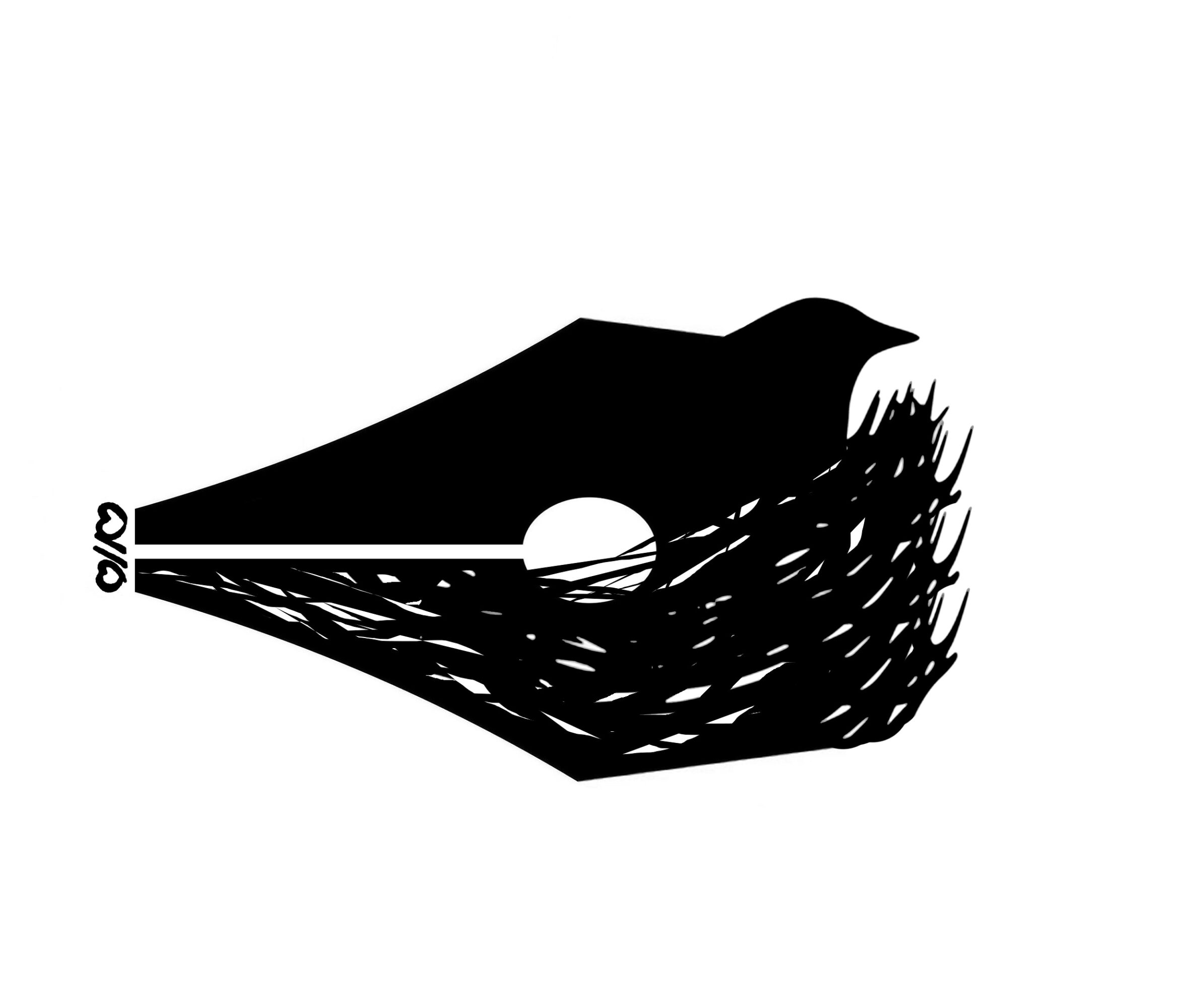 Silhouette of a bird with a nest and eggs, facing right, in black on white background.
