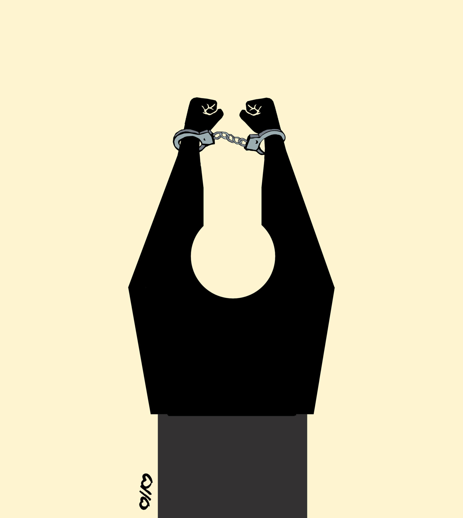 Black silhouette of hands in handcuffs against a light background, with a chain connecting the cuffs.