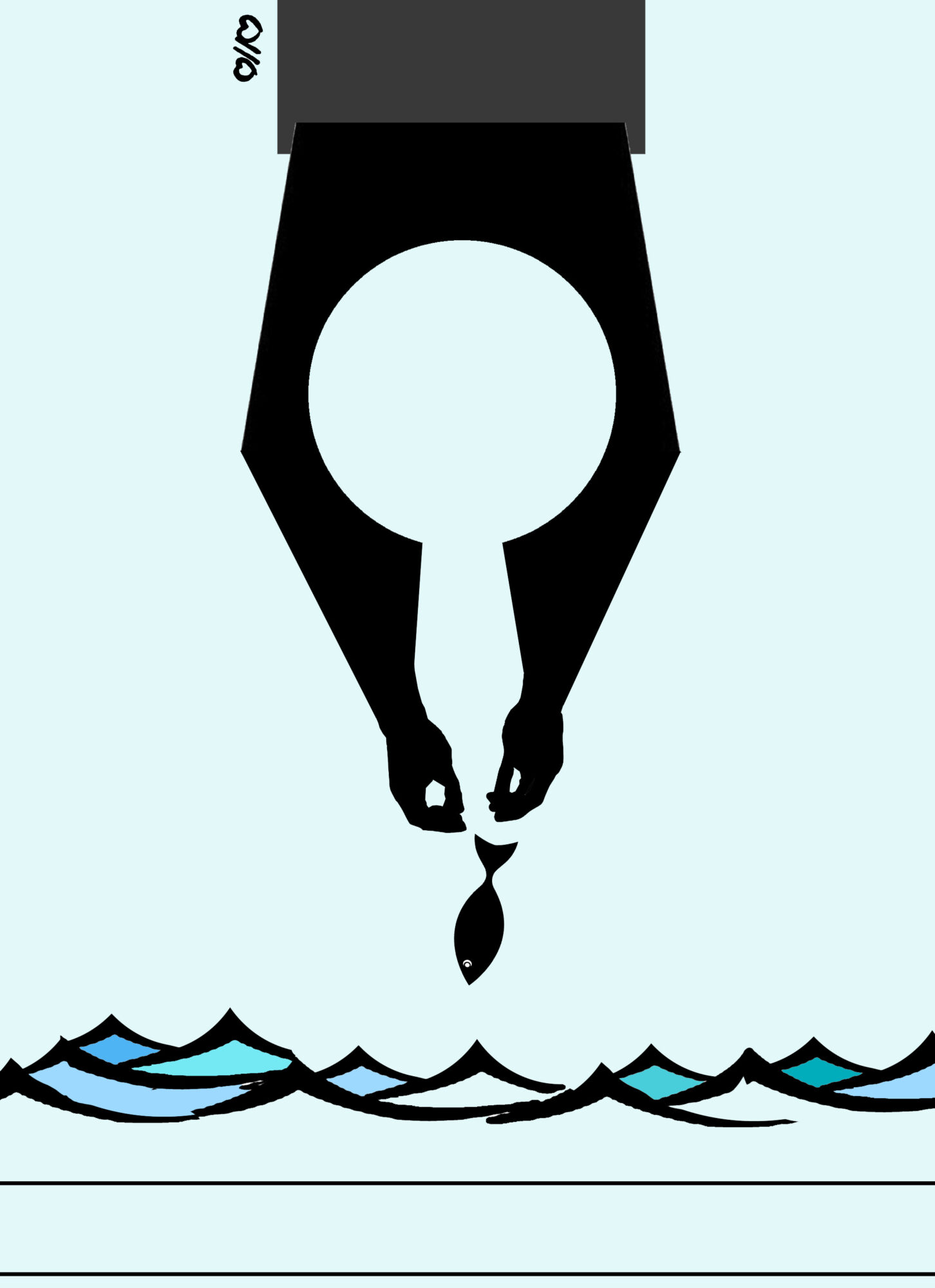 A black fountain pen drops ink into water with ripples, viewed from above. Light blue background. Word 'DIP' on the pen.