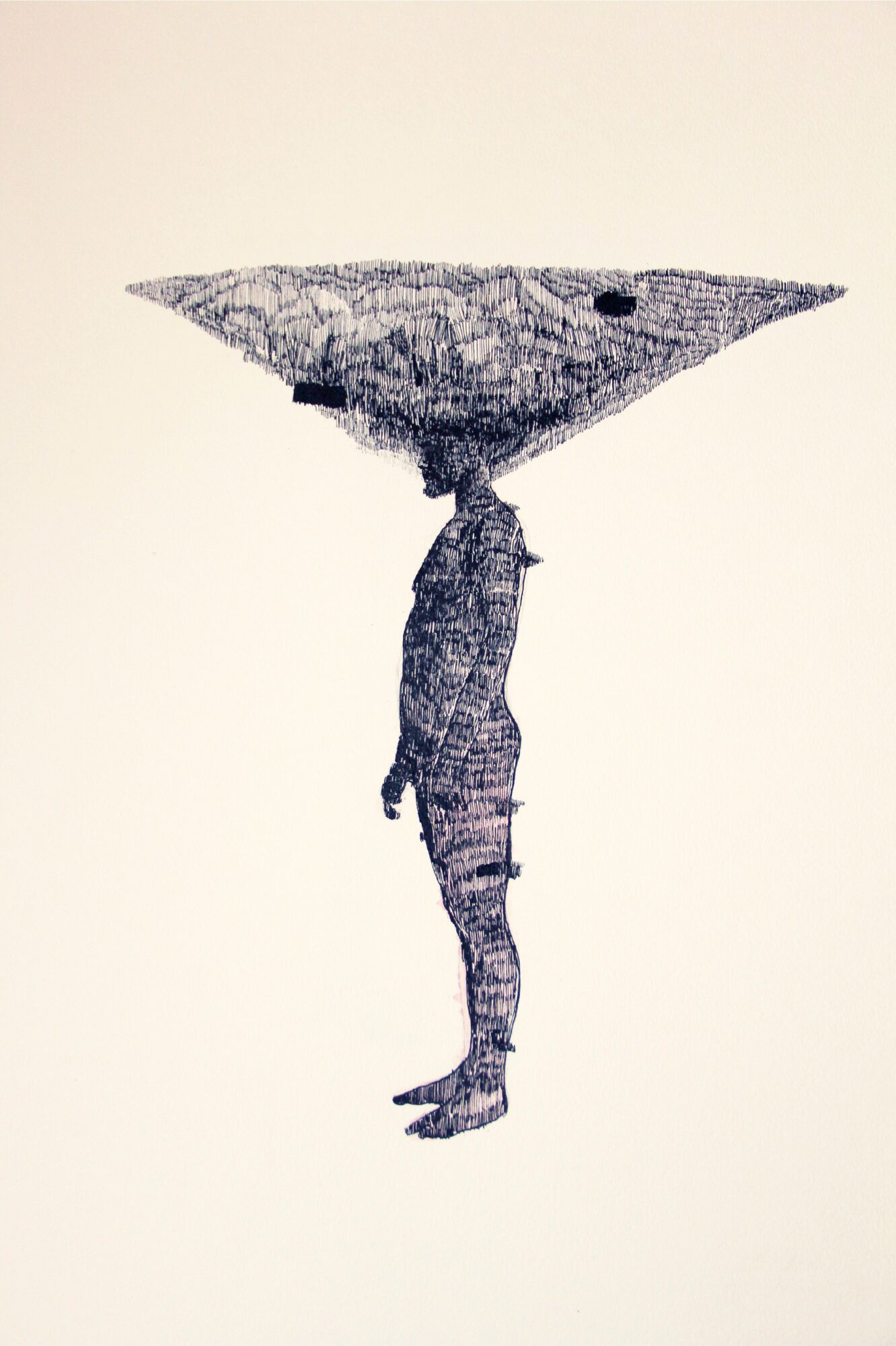 Person standing upright with a large, flat object balanced on their head, facing sideways, with a plain background.