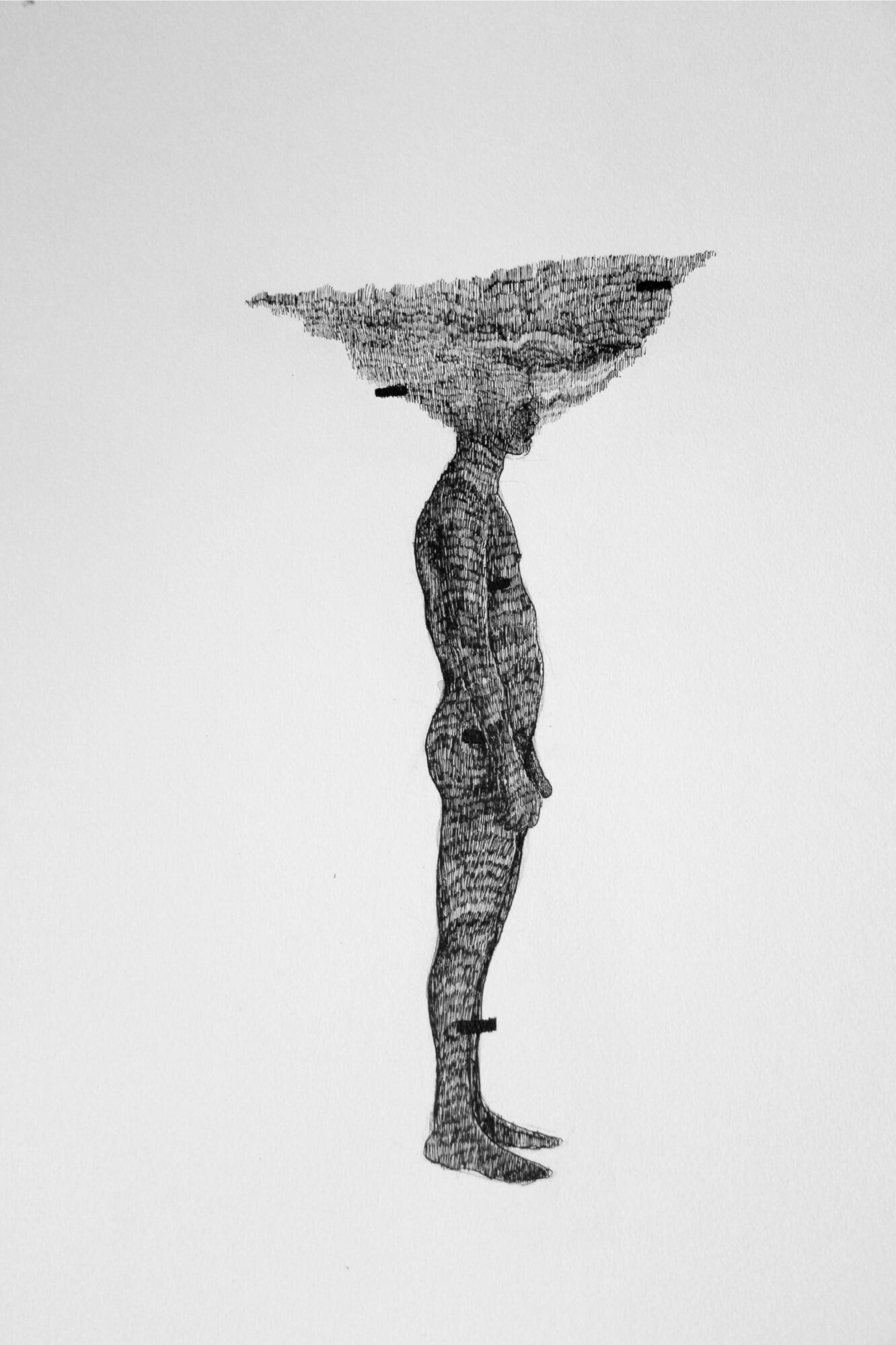 A person with a large rock formation on their head, standing sideways, drawn in black and white, minimal background.