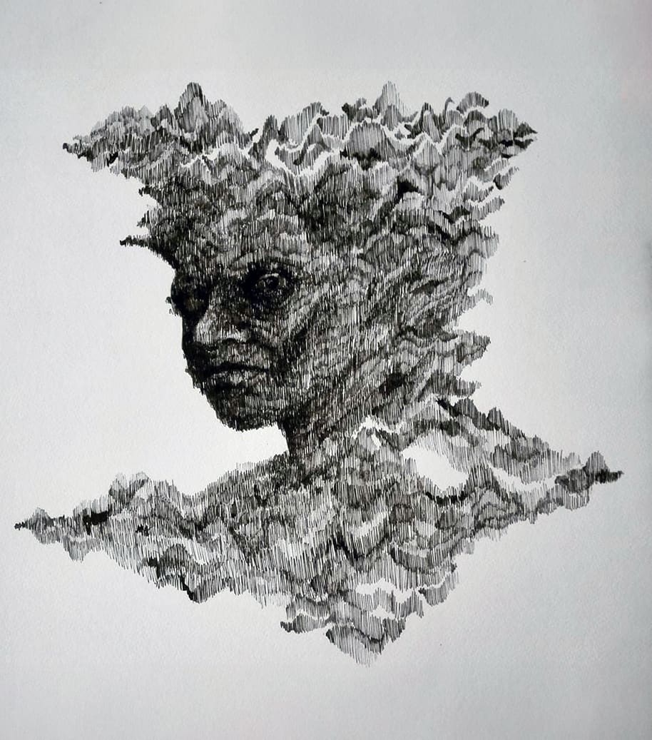 A black and white drawing of a humanoid face with textured, cloud-like hair and shoulders, on a plain background.