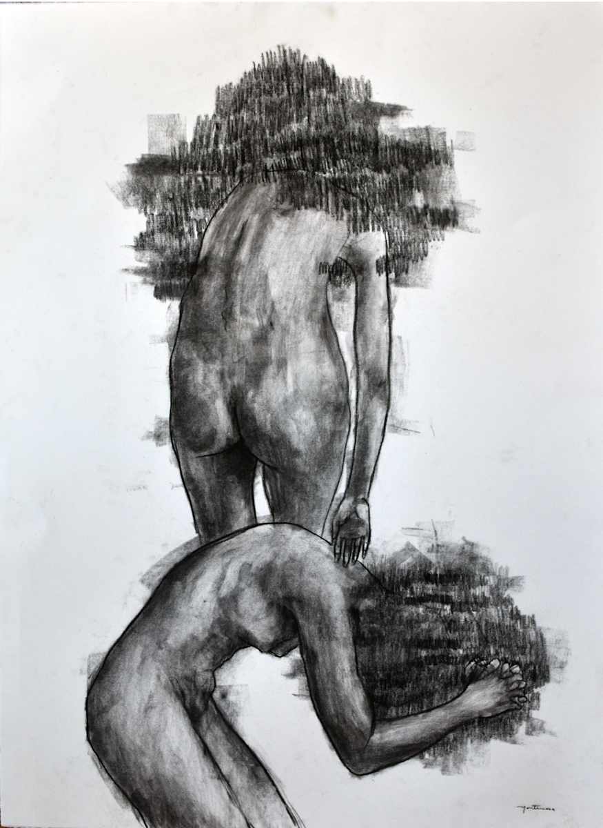A black and white drawing of two nude human figures, one standing with back to viewer and the other kneeling, with abstract background.