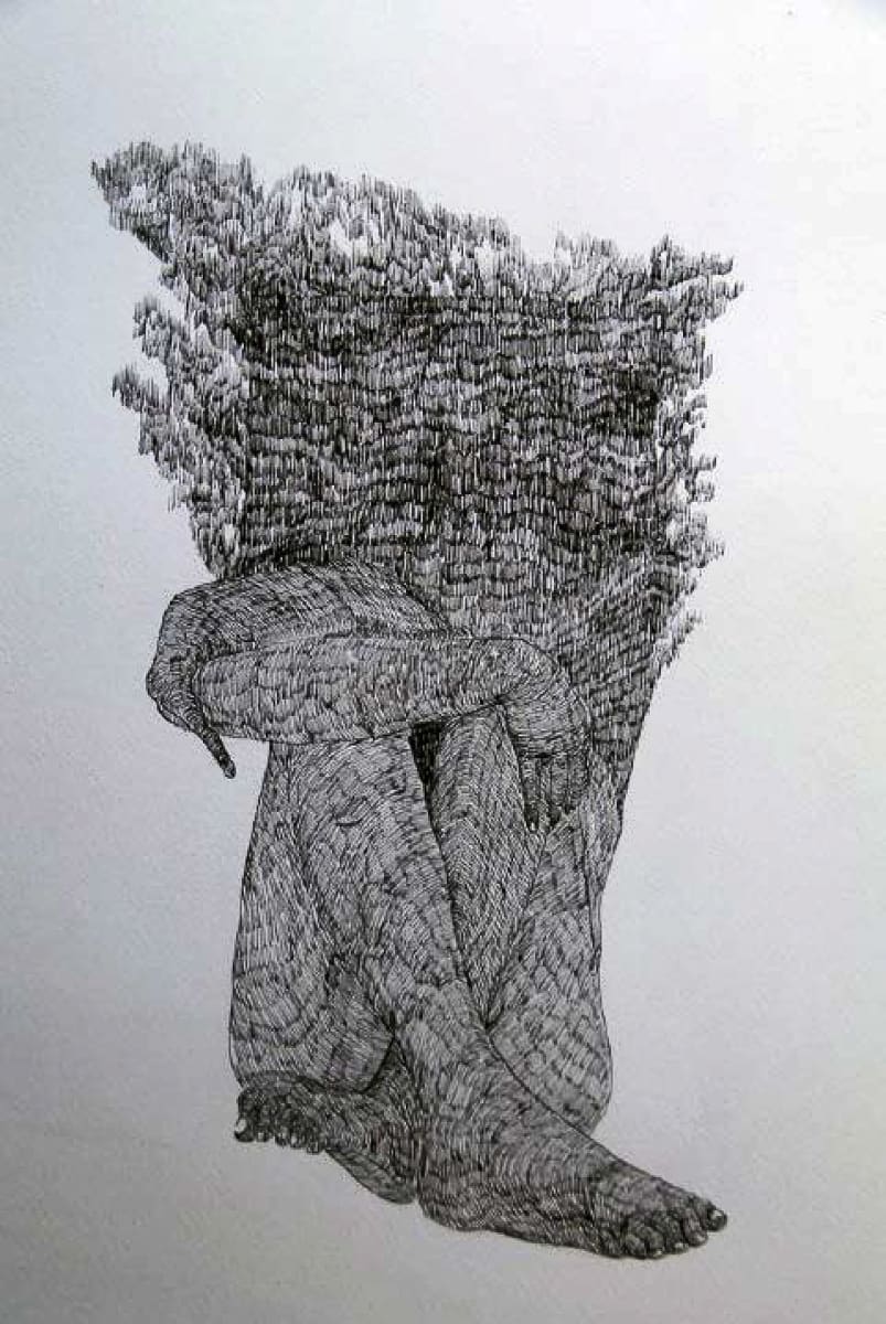 A detailed black and white drawing of a person sitting with legs crossed, with a tree growing from their head.