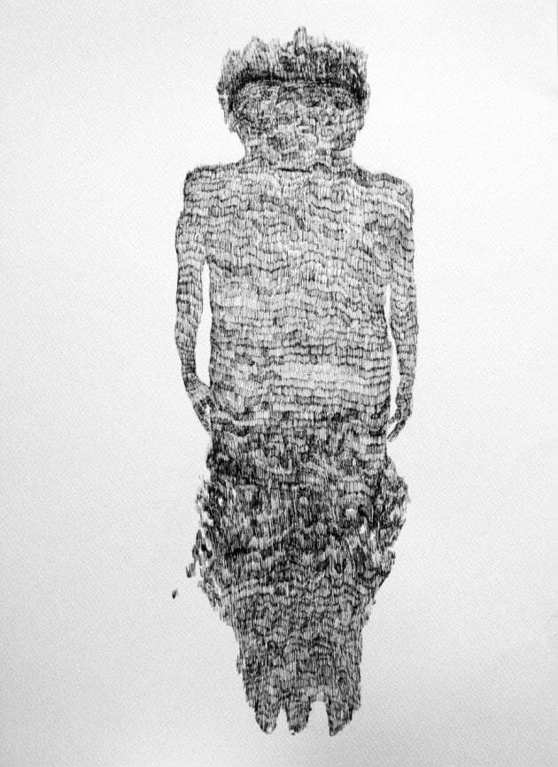A black and white sketch of a person with curly hair, standing with hands in pockets, facing forward.