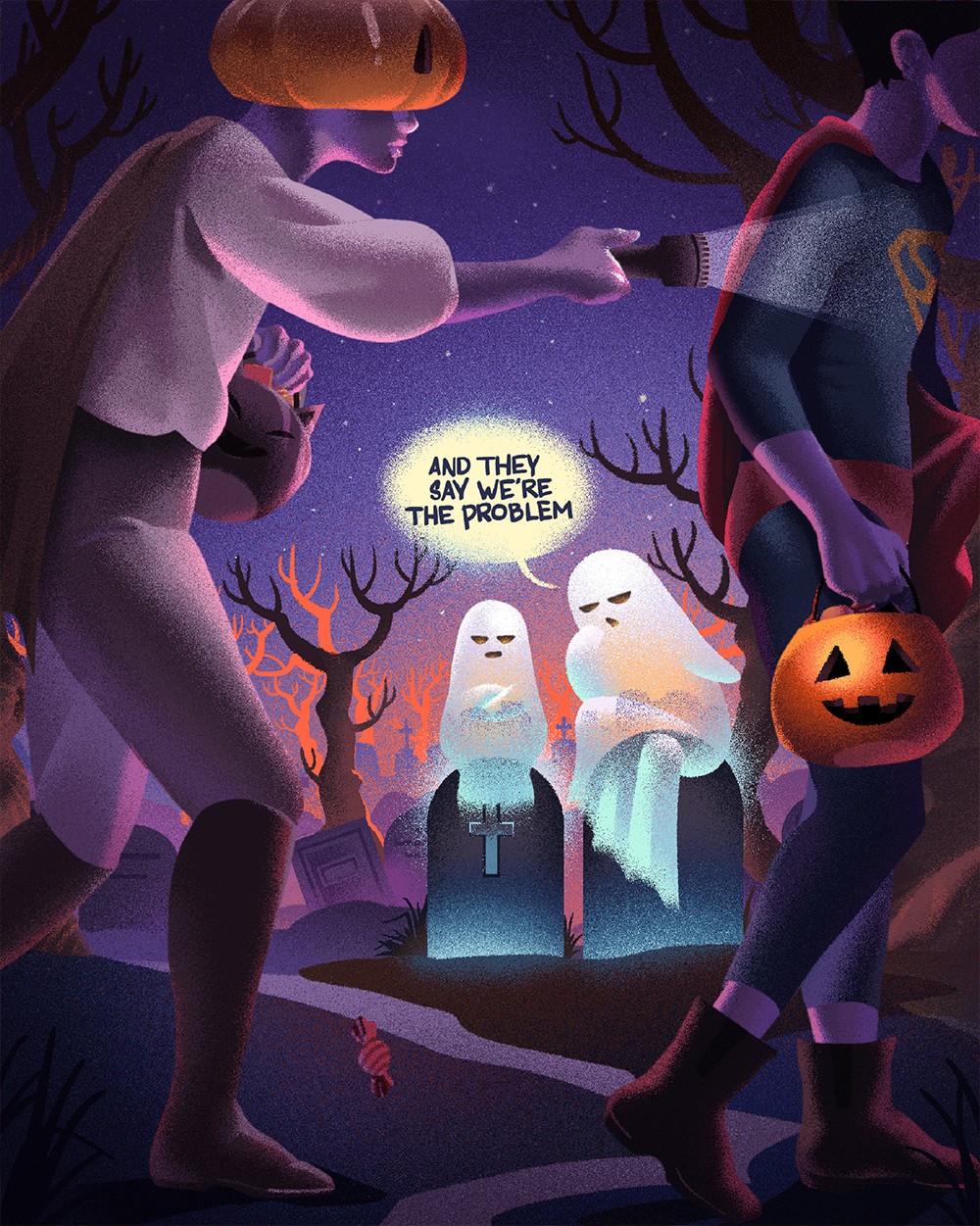 Children in costumes walk through a spooky forest with ghost decorations and a pumpkin lantern at night.