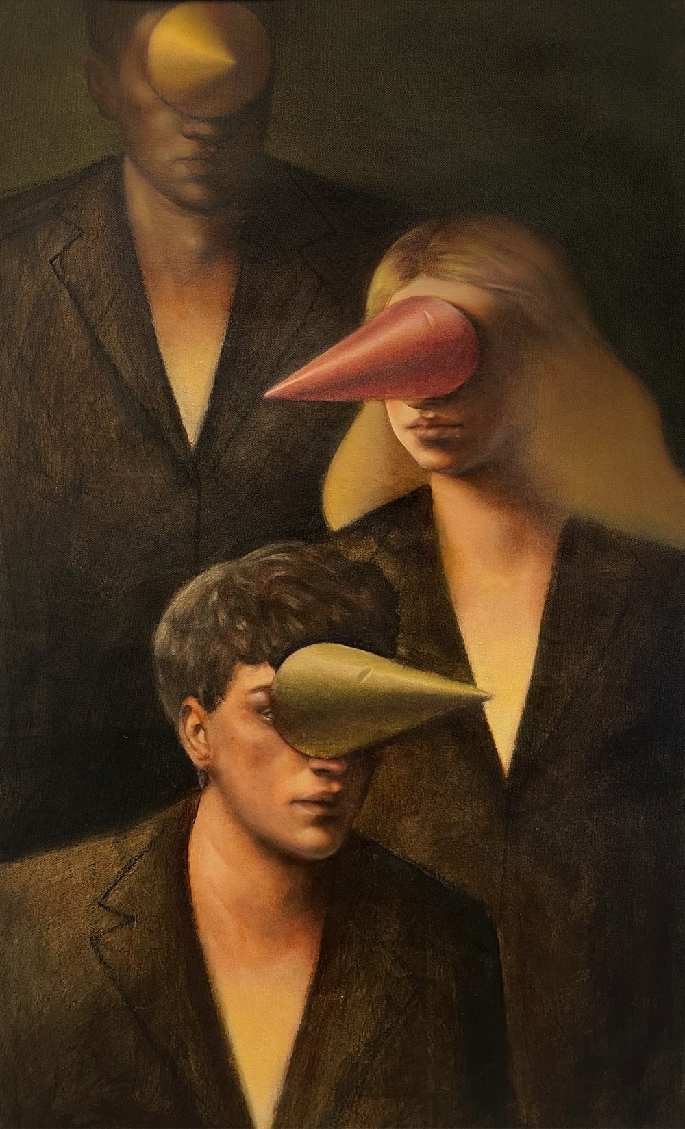 Three people with bird beak masks, dressed in dark clothing, standing close together in a dark setting.