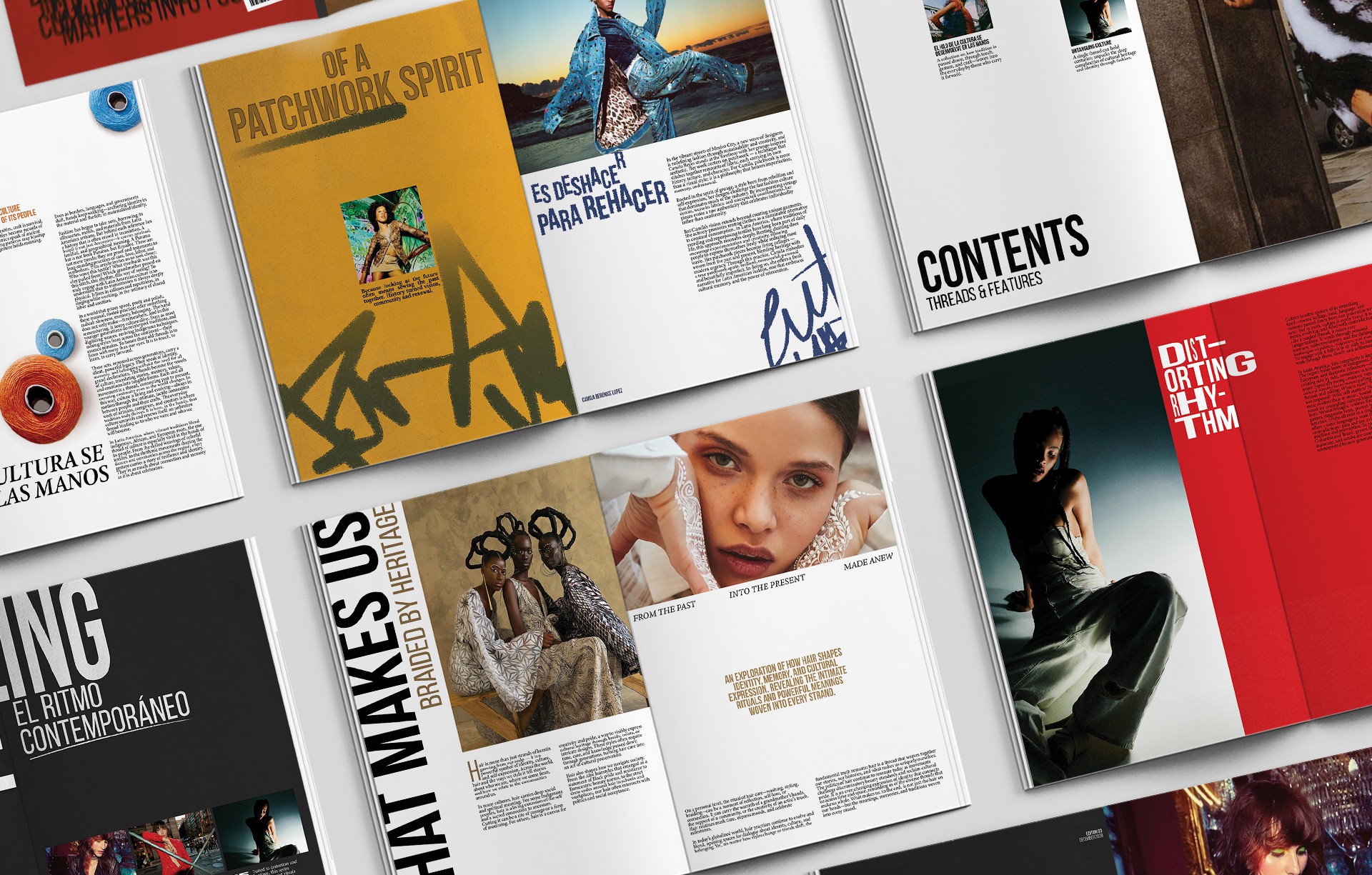 Open magazine pages with text, images, and illustrations, including a person and a bicycle, viewed from above.
