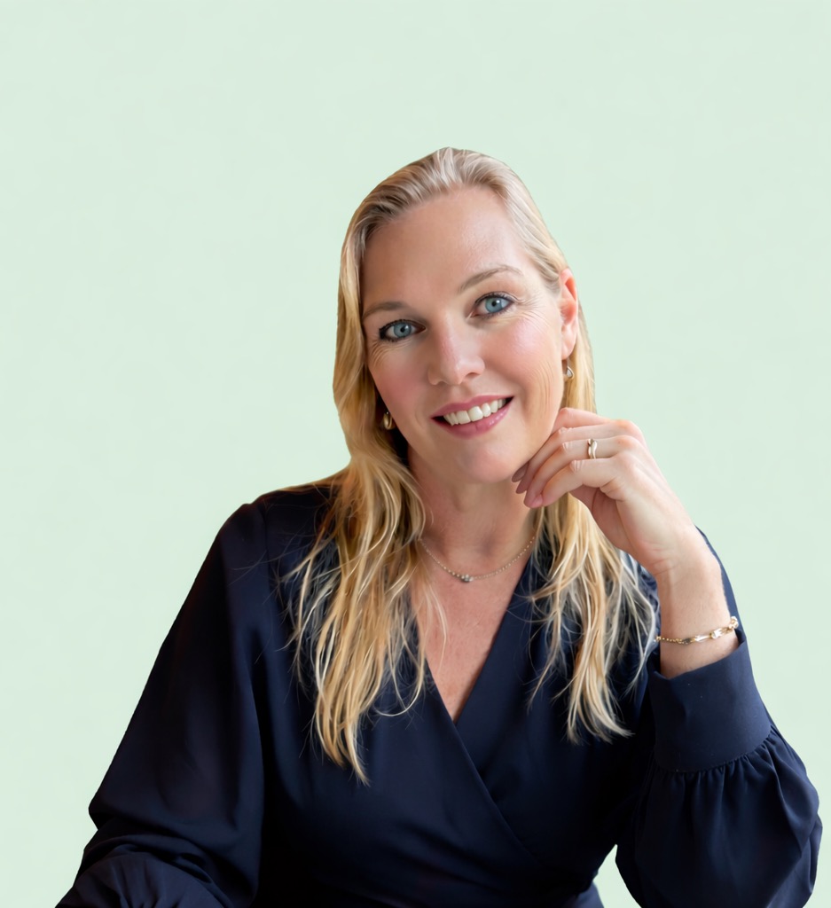 Woman with blonde hair smiling, wearing a dark blouse, against a light green background.