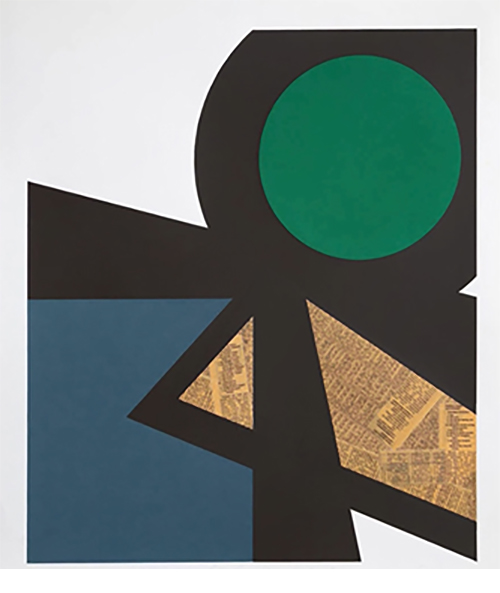 Abstract geometric artwork with a large green circle, black shapes, and blue and tan sections on a white background.