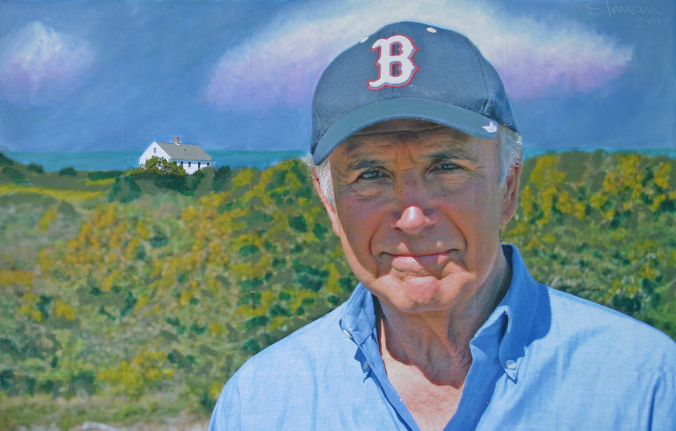 Portrait of an older man wearing a baseball cap outdoors with a field and house in background.